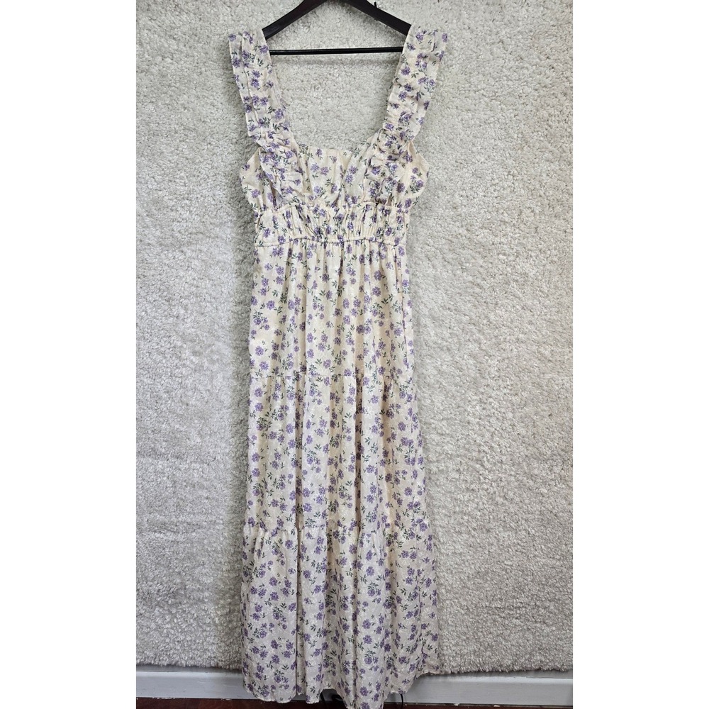 City Studio Floral Maxi Dress Women Juniors XL Cream Purple Ruffle Cottagecore